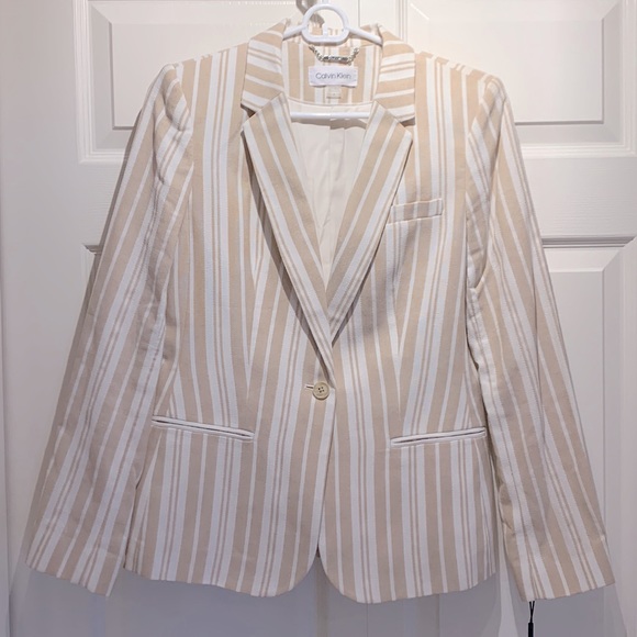 NWT Calvin Klein cotton blend jacket blazer striped tan/white women size 6 - Picture 2 of 10